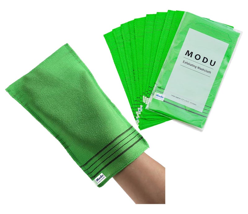 Modu Korean Exfoliating Mitts Large 10PCS (Green) â€“ Exfoliating Gloves Body Scrubber Italy Towel Washcloth for Korean Spa at Home, Dead Skin Remover, 100% Vegan Viscose - Image 1